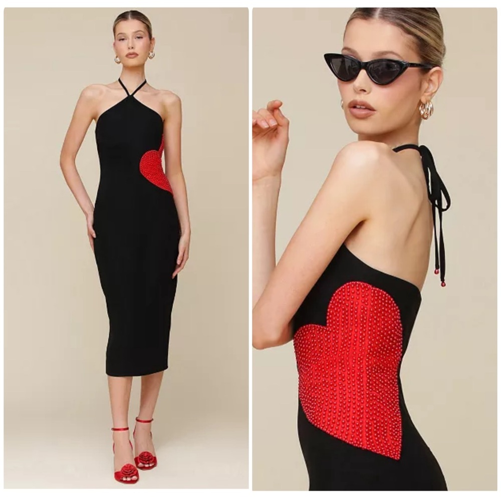 Avec Les Filles Beaded-Heart Black Red Halter-Neck Midi Dress 6